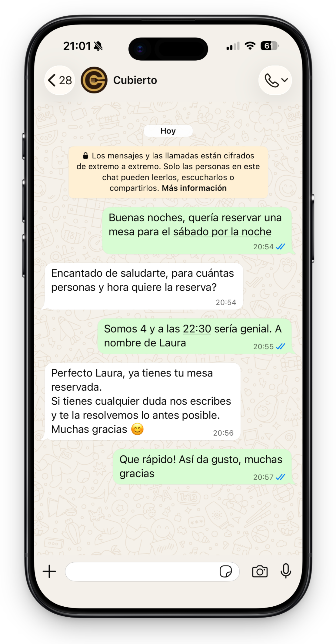Conversación de WhatsApp con reserva automatizada por Cubierto